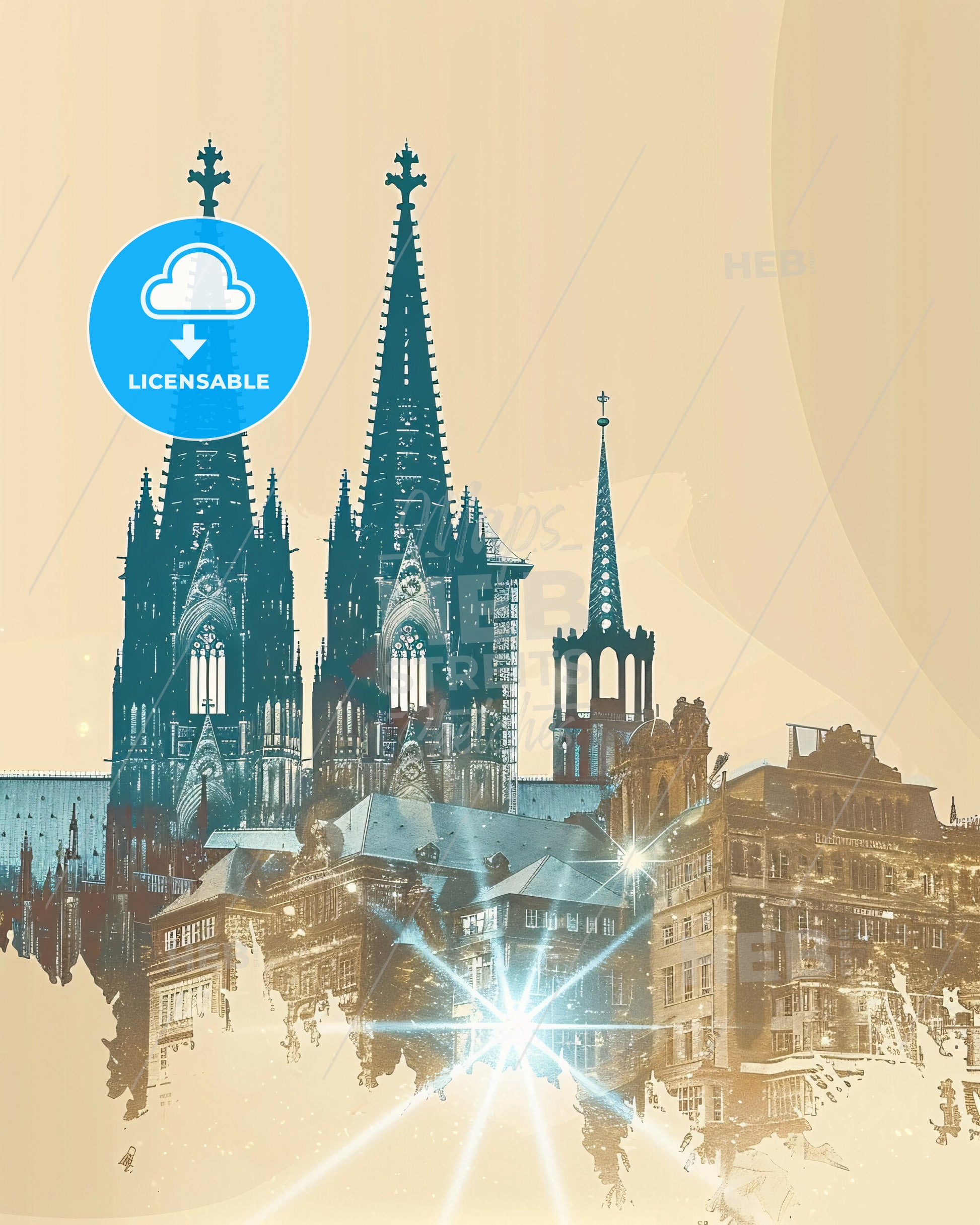 Cologne City Skyline Night Composite Silhouette - A building with towers and a light in the background