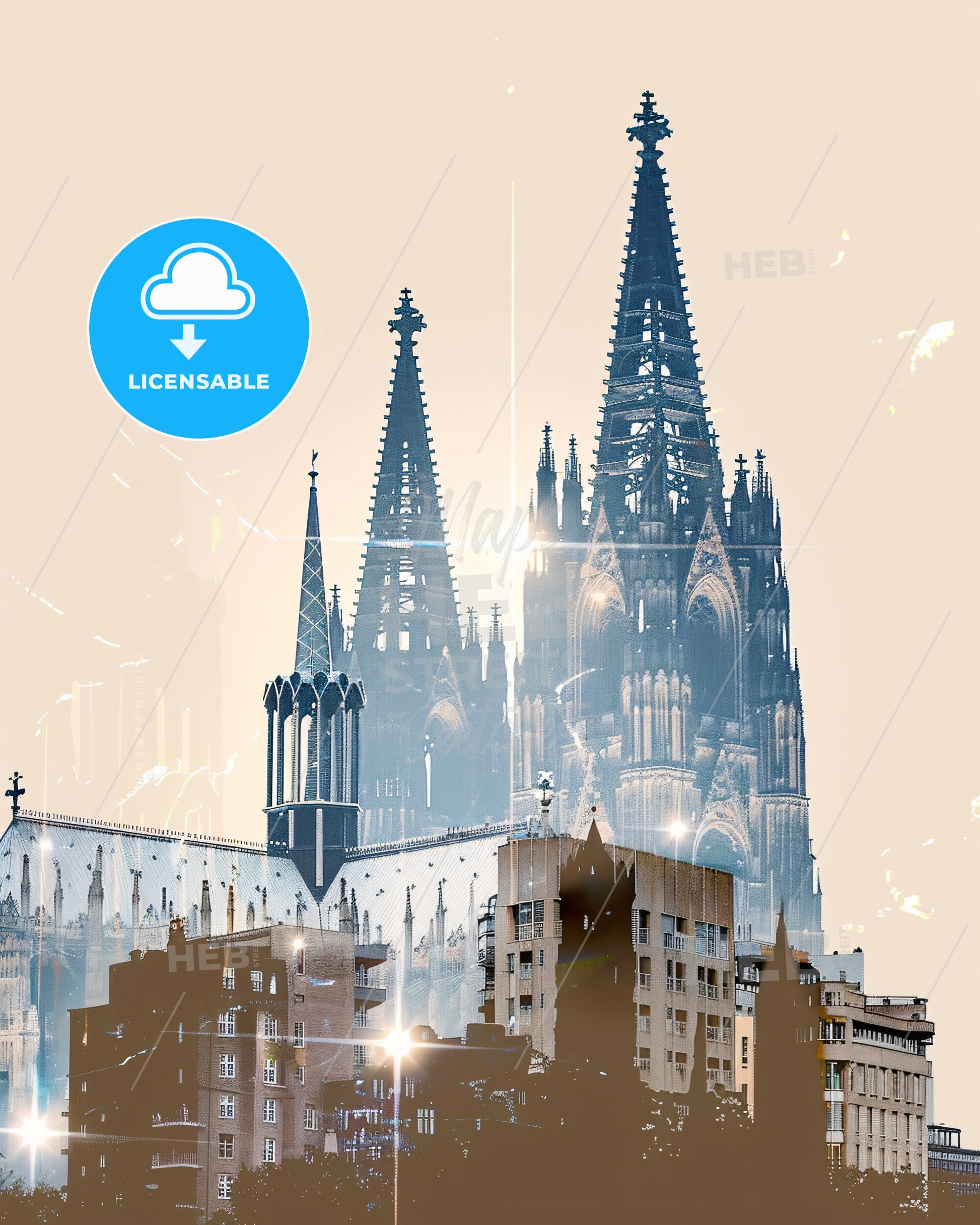 Cologne Skyline Double Exposure Art Print - A building with towers and spires