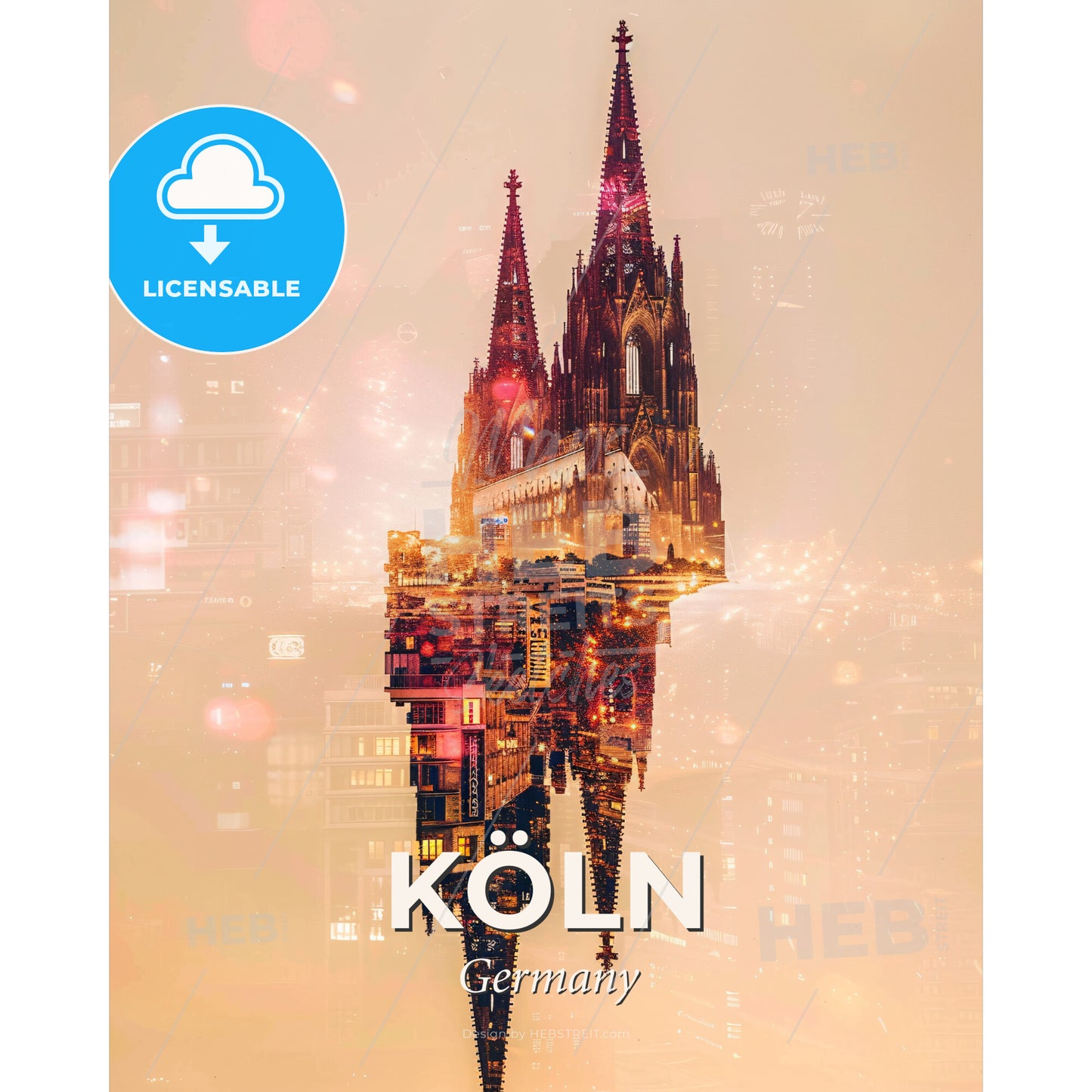 Cologne City Skyline Poster, Double Exposure, Bright Beige - A double exposure of a castle - Square format print template