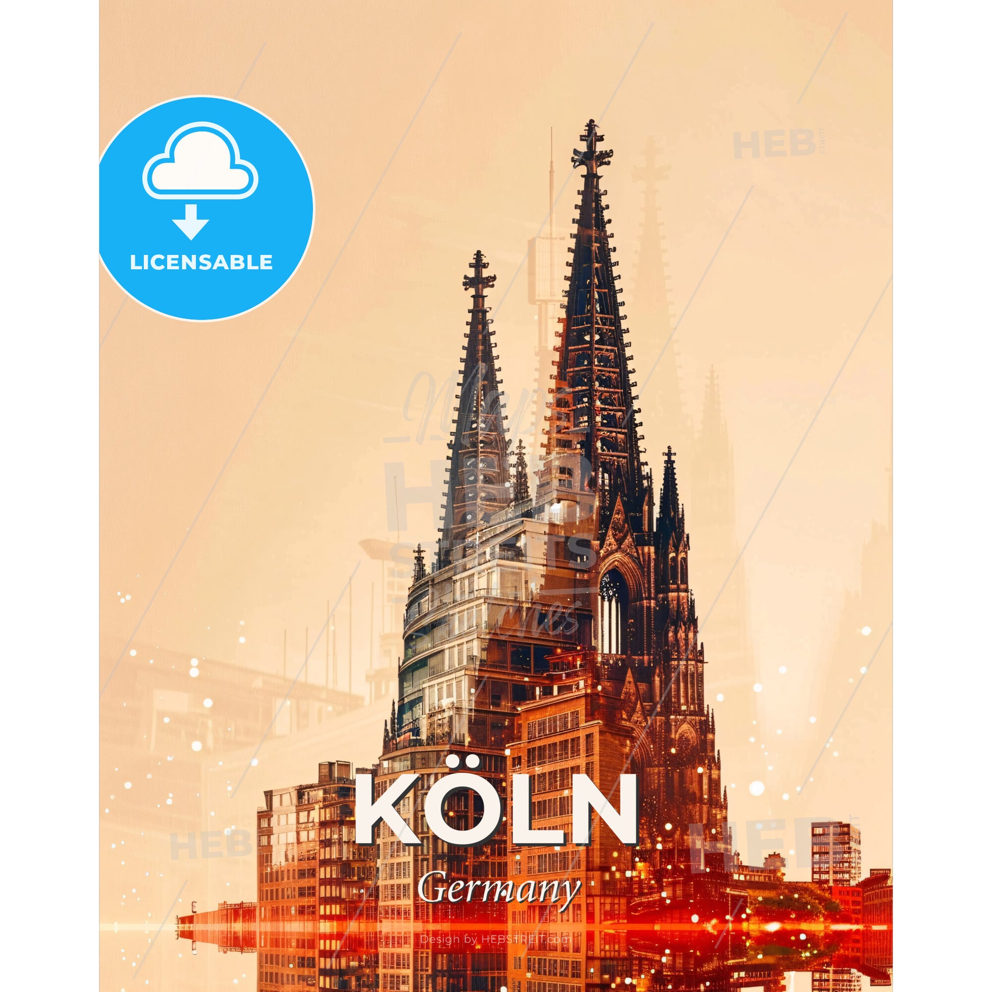 Cologne City Skyline: Local Icons Double Exposure - A large building with spires - Square format print template