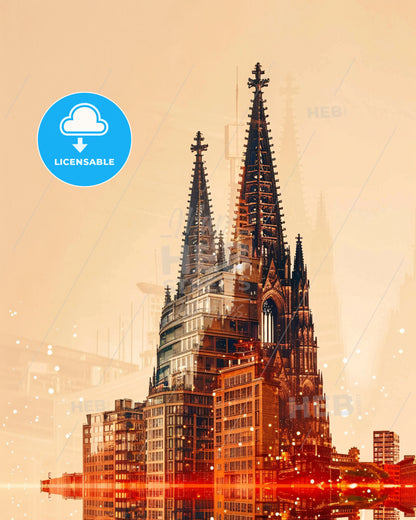 Cologne City Skyline: Local Icons Double Exposure - A large building with spires