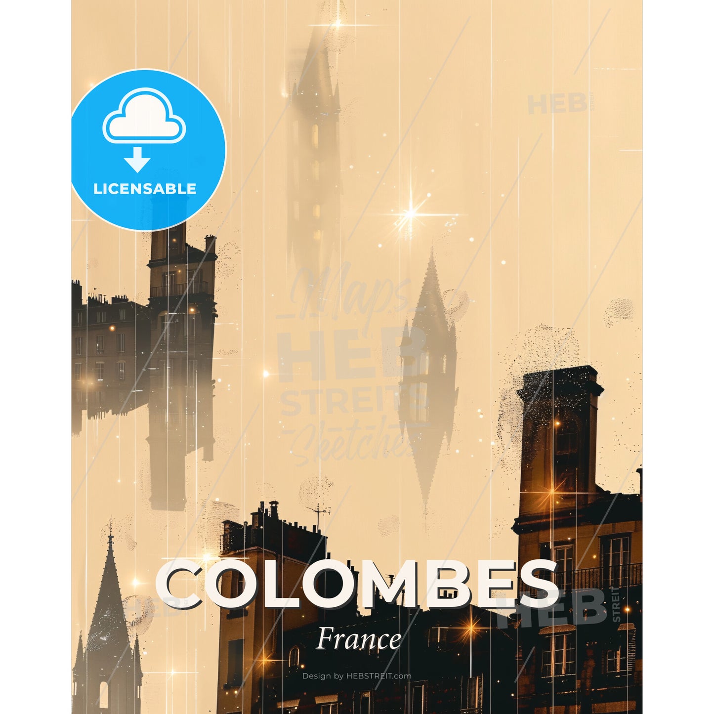 Colombes Icon Skyline Silhouette Art Poster - A city with towers and buildings in the sky - Square format print template