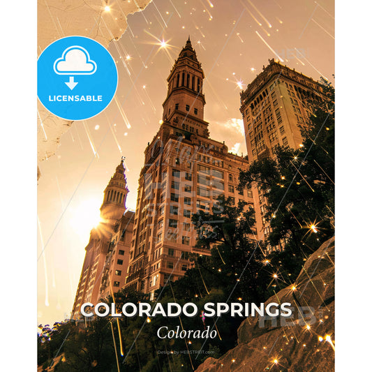Colorado Springs Skyline Composite Poster - A tall building with trees and a large window - Square format print template