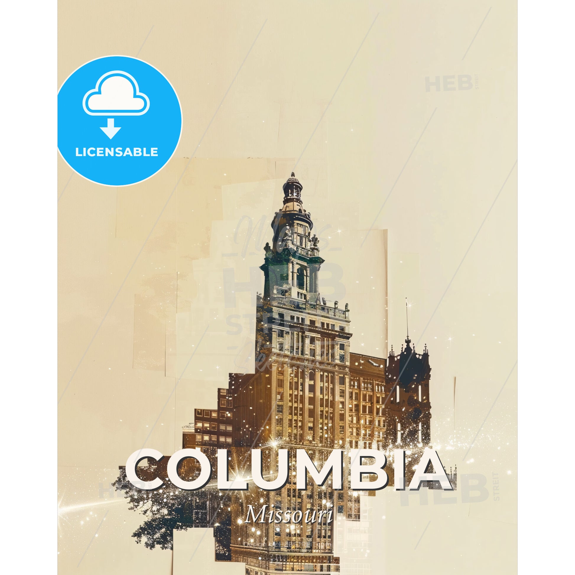 Columbia Cityscape Double Exposure: Sparkle Edition - A building with a tower - Square format print template