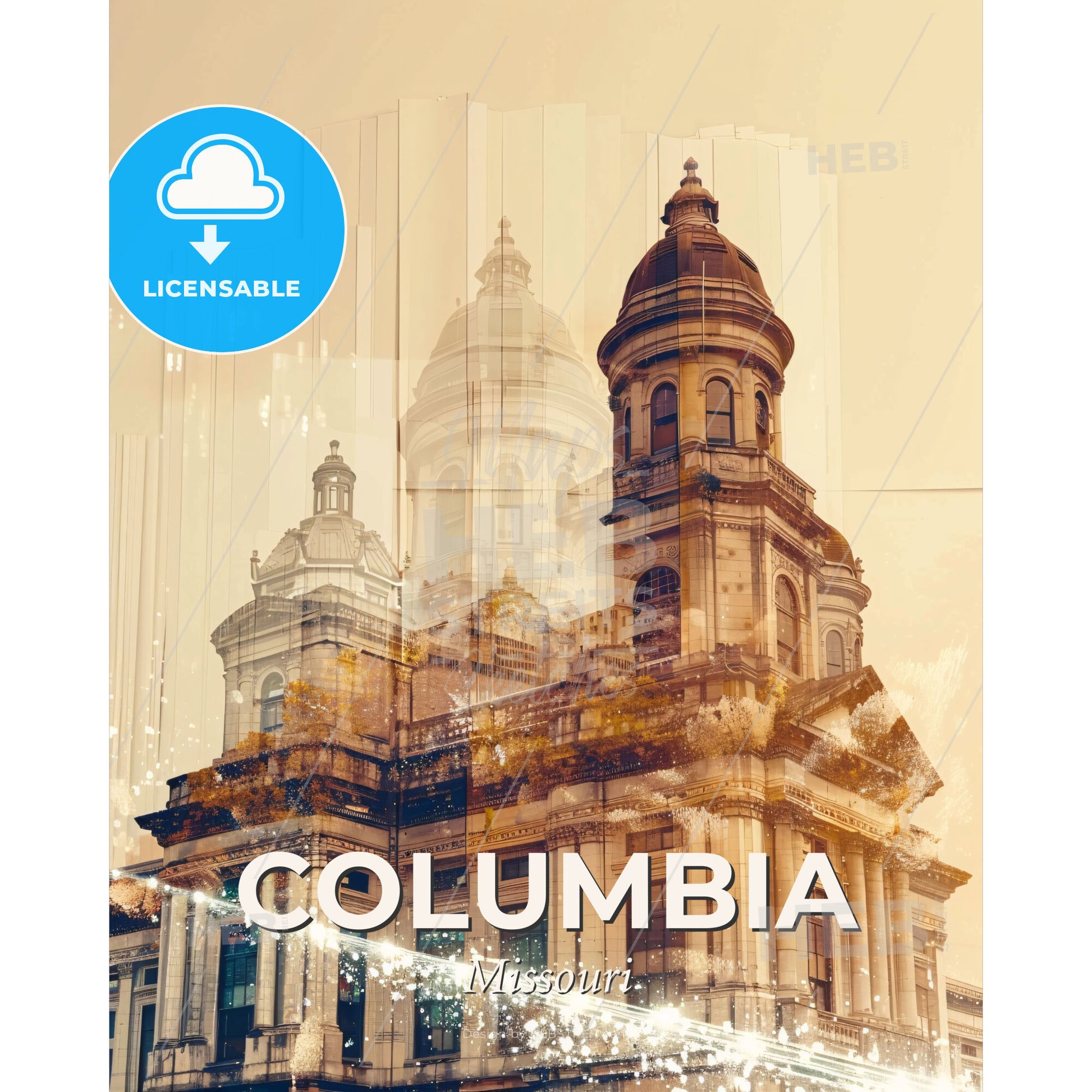 Columbia Skyline Night Lights Poster - A building with a dome and a couple of towers - Square format print template