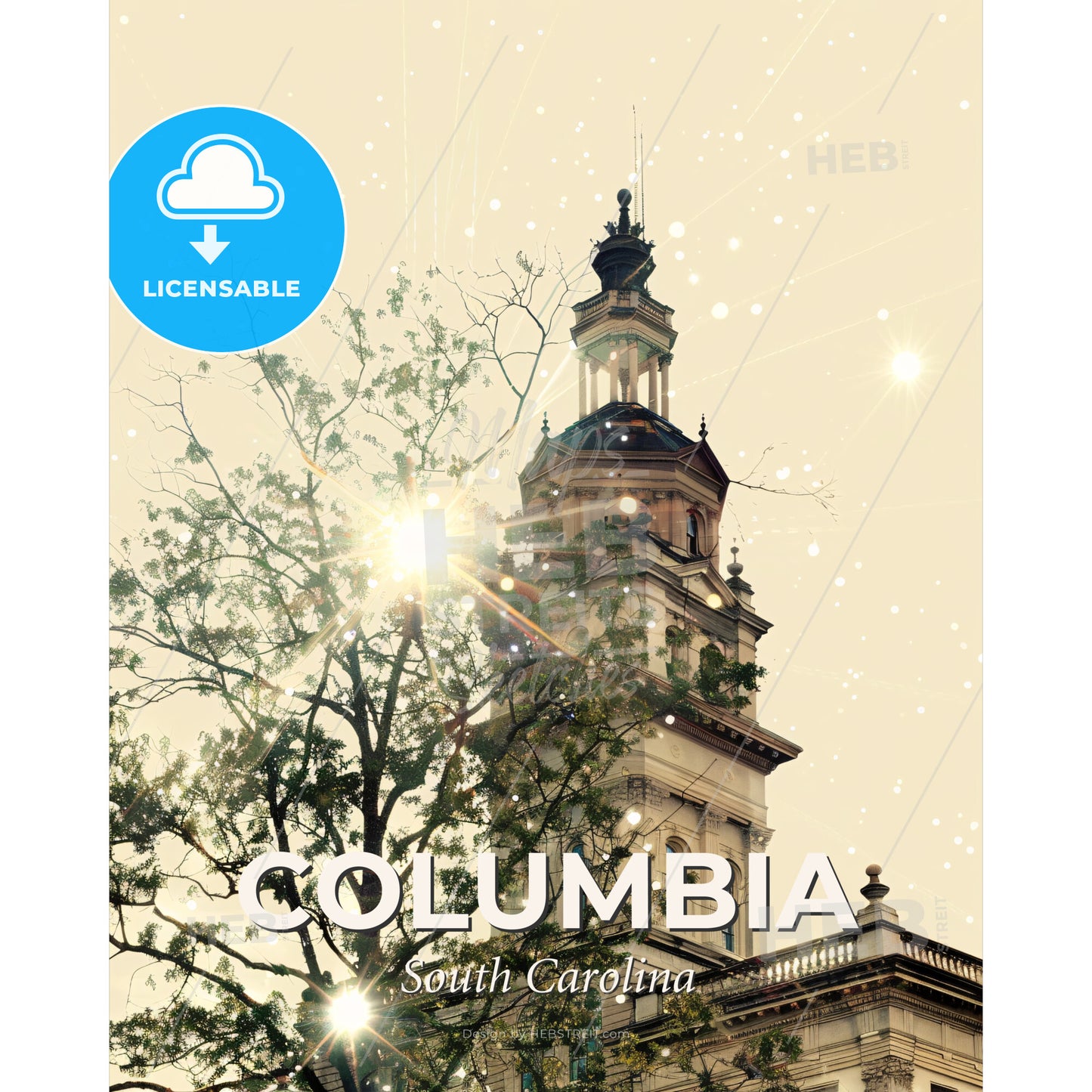 Columbia City Icons Double Exposure Art Poster - A building with a tower and a tree - Square format print template