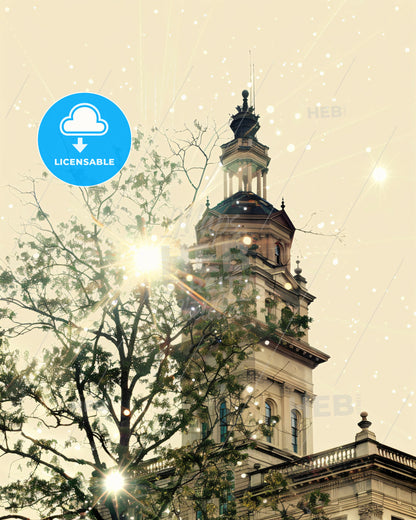 Columbia City Icons Double Exposure Art Poster - A building with a tower and a tree