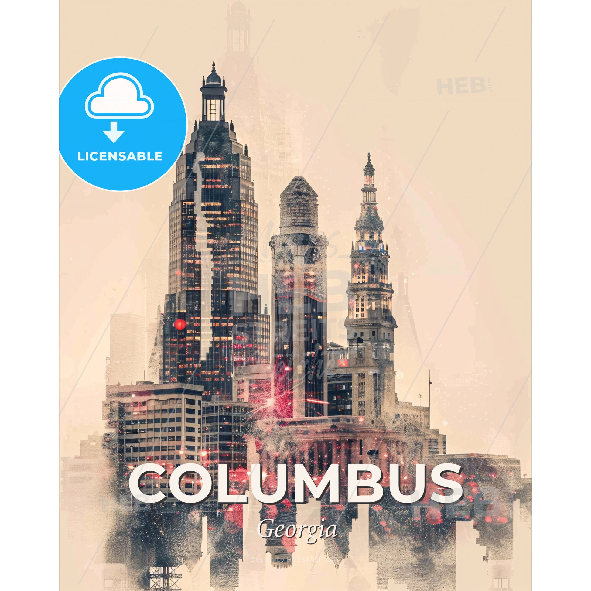 Columbus Georgia City Skyline Artwork - A city skyline with many tall buildings - Square format print template