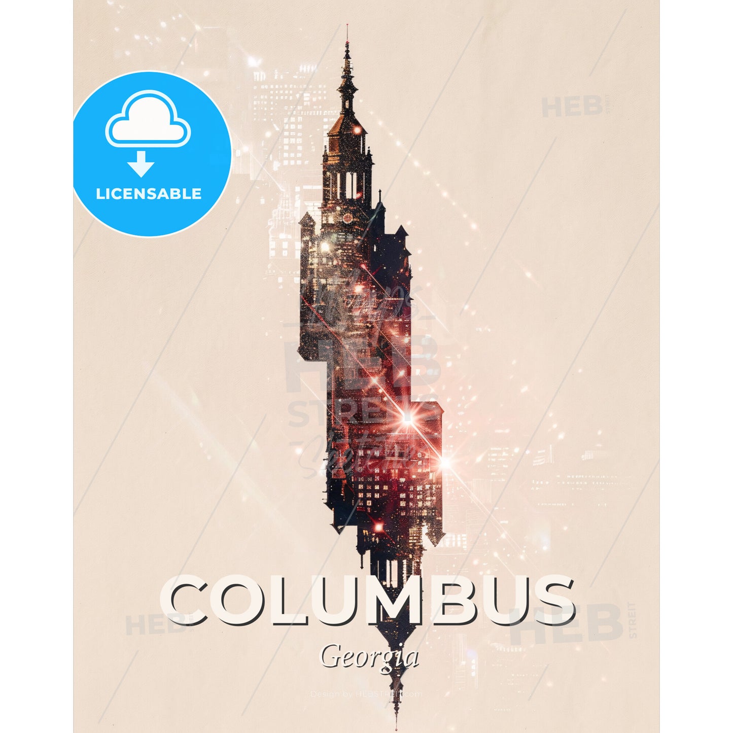 Columbus Georgia City Skyline Double Exposure - A tall building with a tower and a tower with a tower and a tower with a tower and a tower with a tower and a tower with a tower and a tower with a tower and a - Square format print template