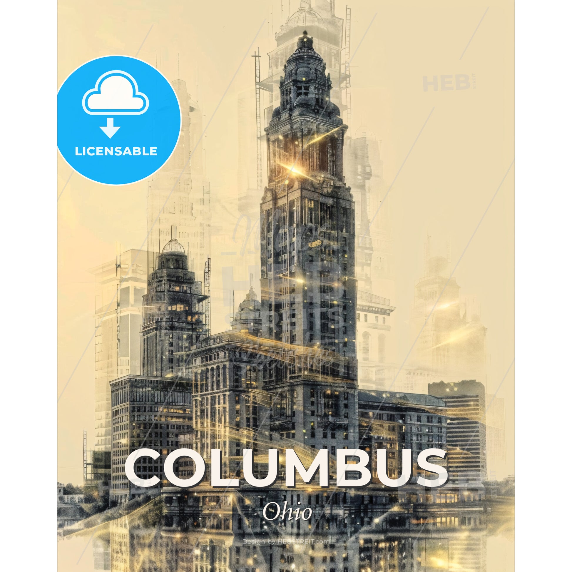 Columbus City Skyline Art Deco Poster - A city skyline with tall buildings - Square format print template
