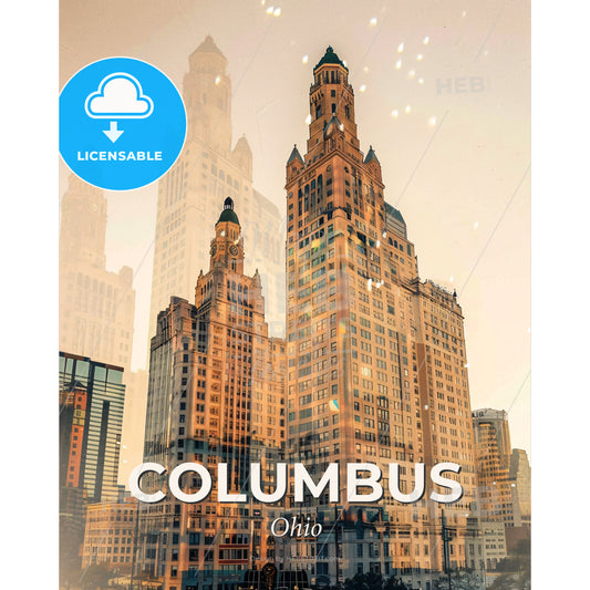 Columbus City Skyline Moonlight Poster Art - A group of tall buildings with Royal Liver Building in the background - Square format print template