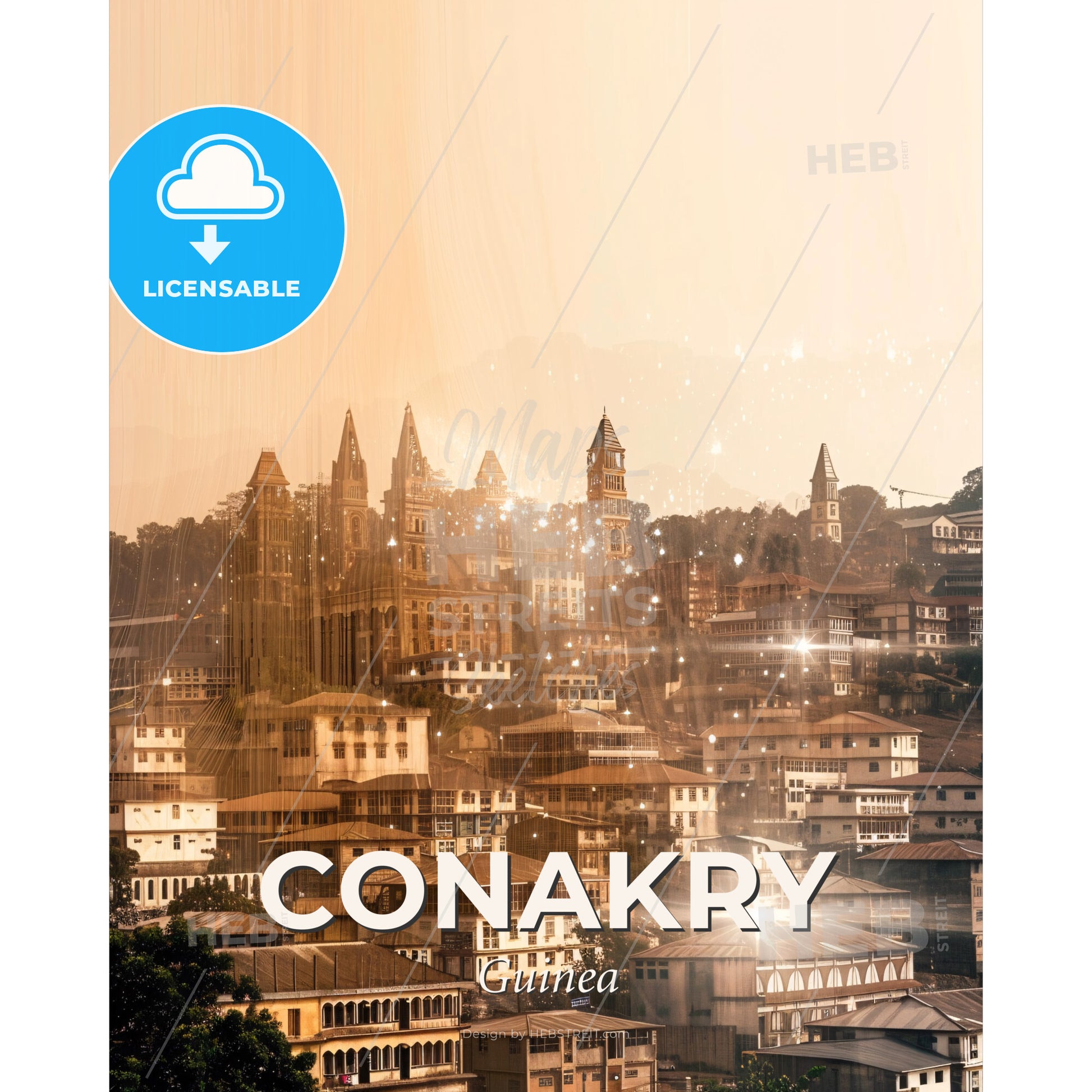 Conakry: Double Exposure City Icon Skyline Art - A city with many buildings - Square format print template