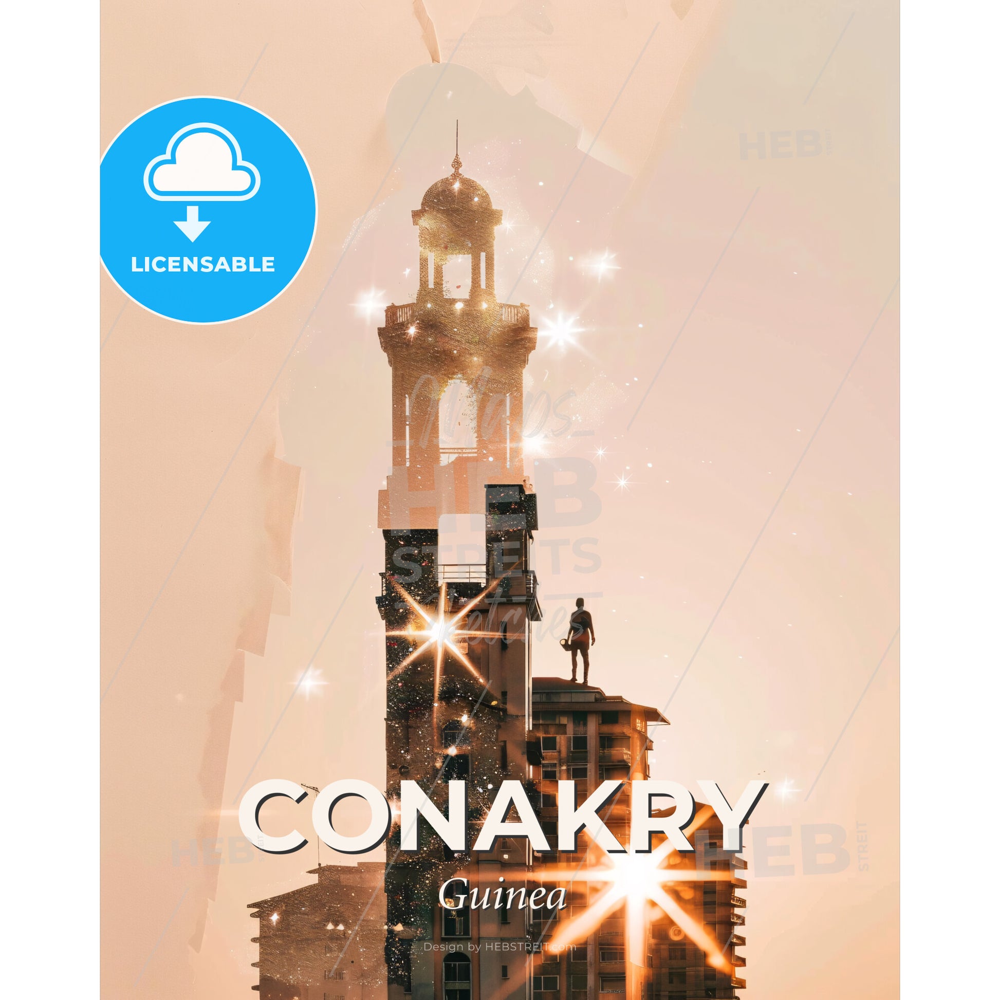 Conakry City Skyline Double Exposure Art - A tall building with a tower and a statue on top - Square format print template