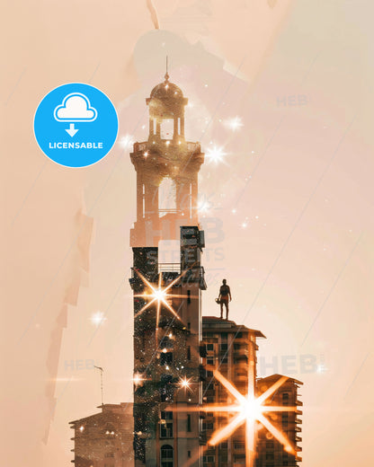 Conakry City Skyline Double Exposure Art - A tall building with a tower and a statue on top