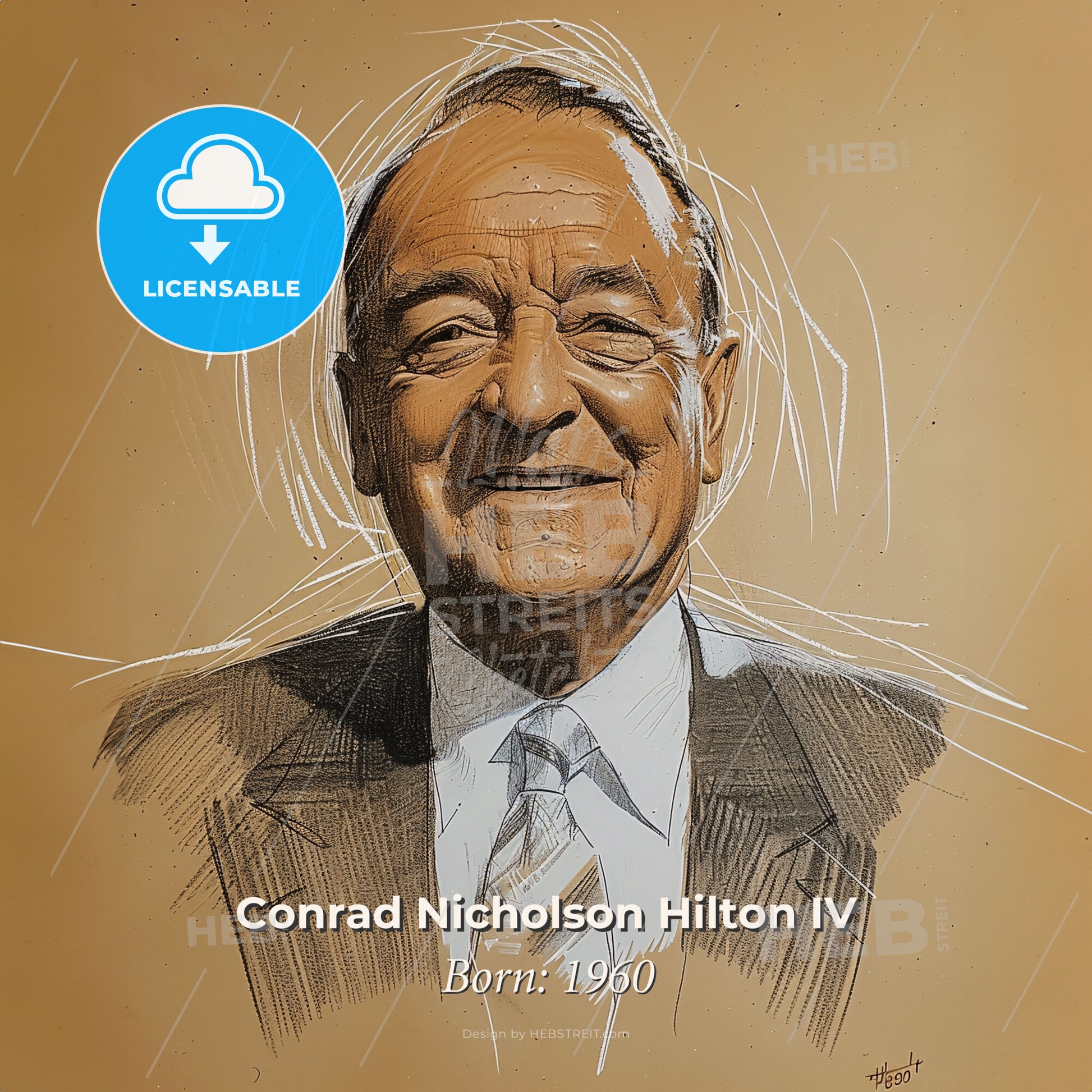 Conrad Nicholson Hilton IV, Born: 1960, American hotelier - A Drawing Of A Man Smiling Print Template