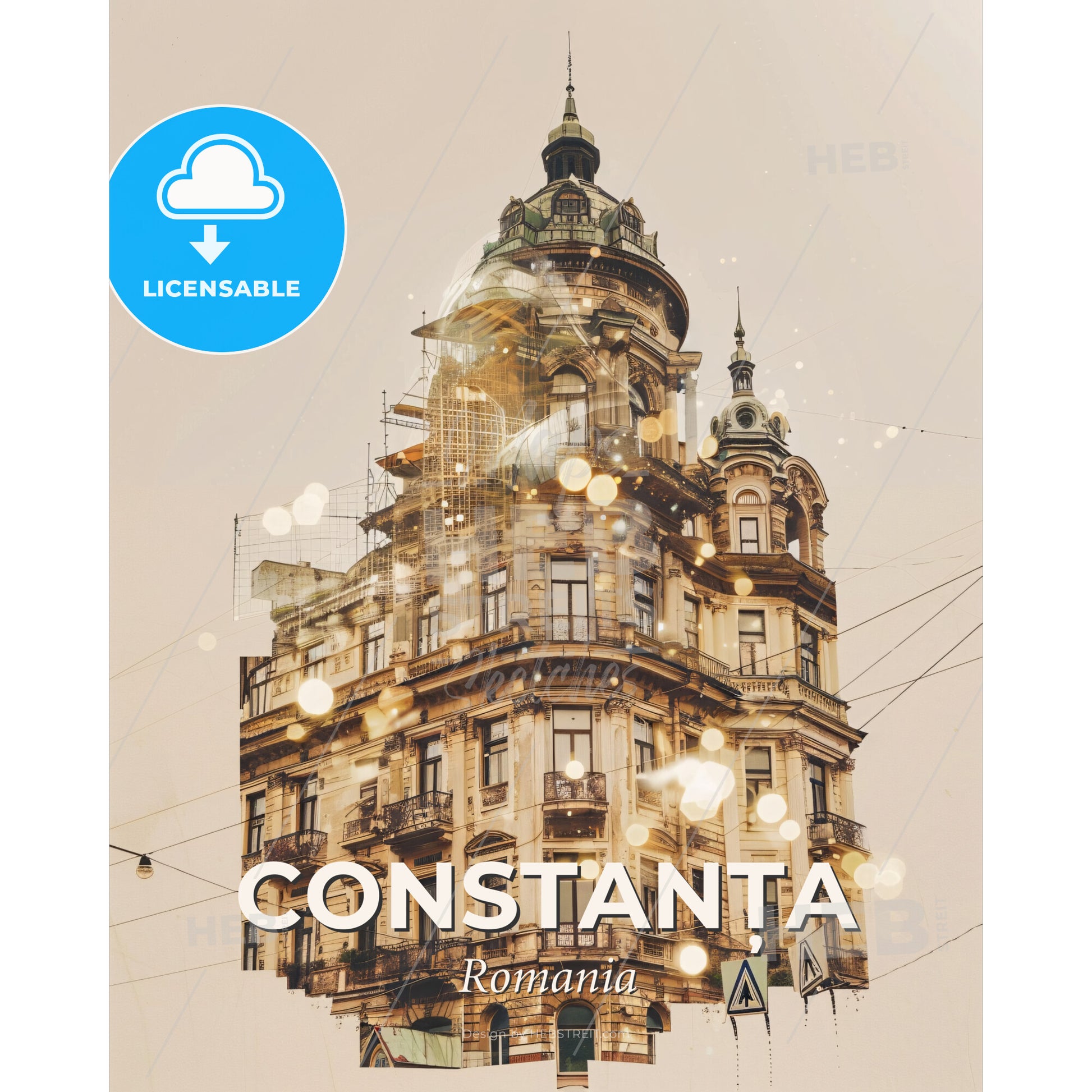 ConstanÈ›a Skyline Splendor: Lights and Icons Poster - A building with a tower - Square format print template