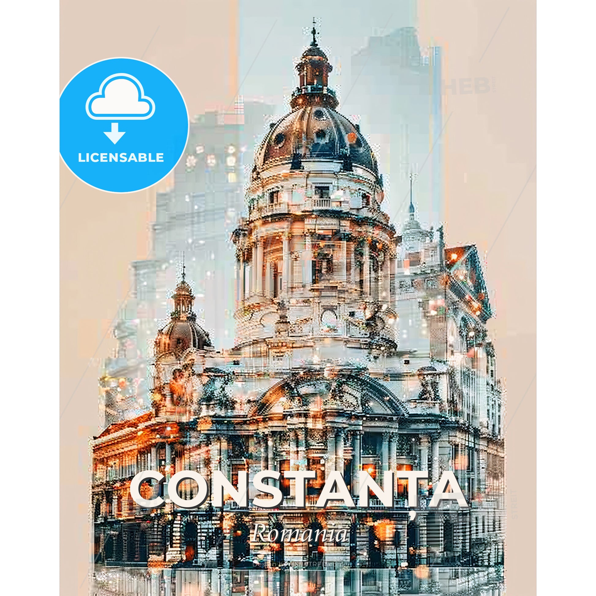 ConstanÈ›a Skyline Double Exposure City Icons Poster - A large building with a dome on top - Square format print template
