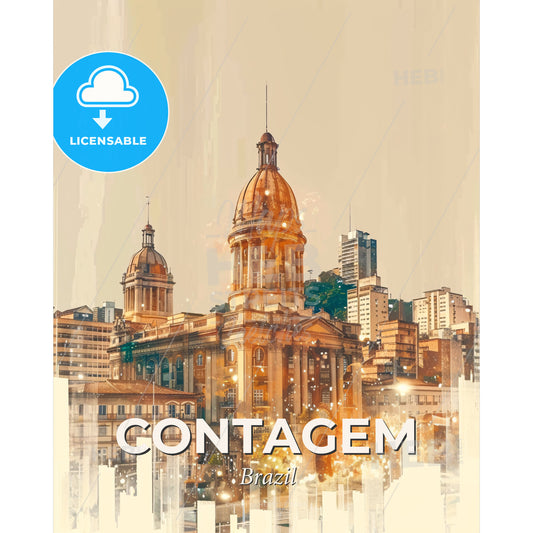 Contagem City Skyline Double Exposure Art Poster - A large building with a dome and a city skyline - Square format print template