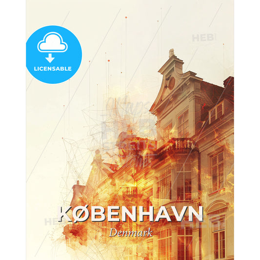 Copenhagen Skyline: Iconic Silhouette Poster - A building on fire - Square format print template