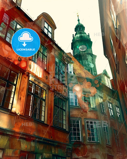 Copenhagen Skyline Silhouette Composite Artwork - A building with a clock tower