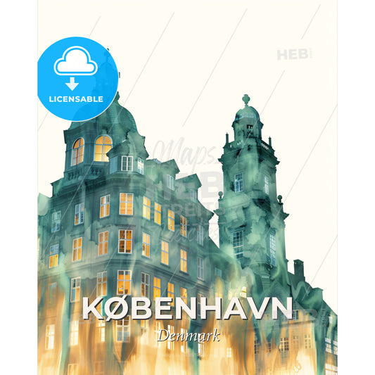 Copenhagen Skyline City Composite Art Poster - A building with a fire in the background - Square format print template