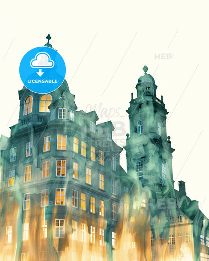 Copenhagen Skyline City Composite Art Poster - A building with a fire in the background