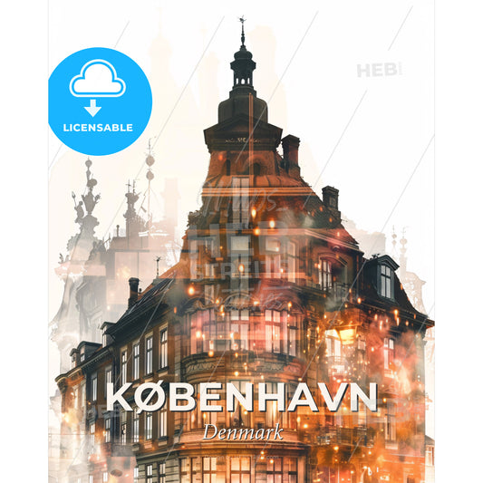 Copenhagen Double Exposure Skyline Poster Art - A building with a tower and lights - Square format print template