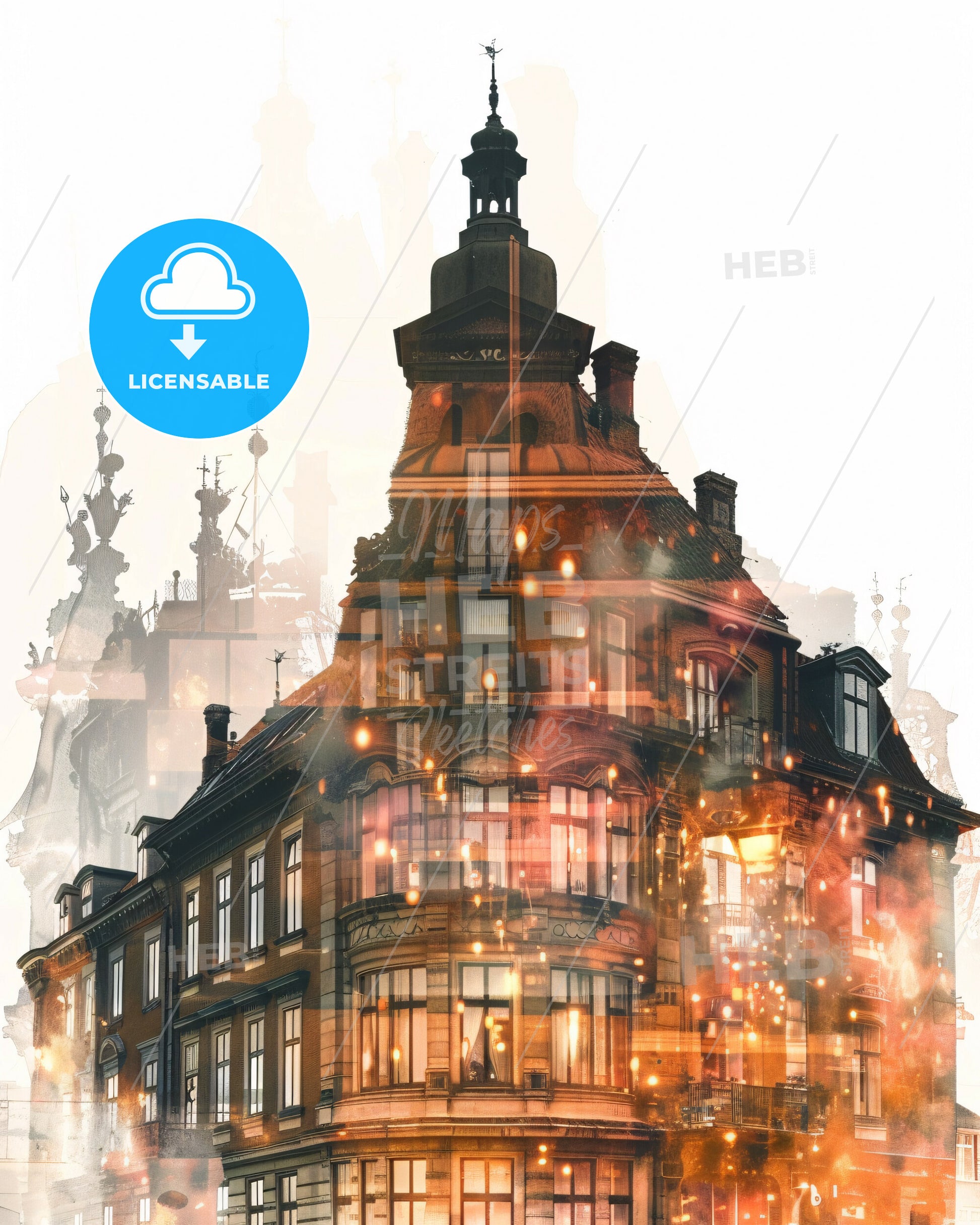 Copenhagen Double Exposure Skyline Poster Art - A building with a tower and lights