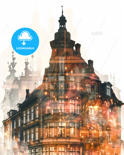 Copenhagen Double Exposure Skyline Poster Art - A building with a tower and lights