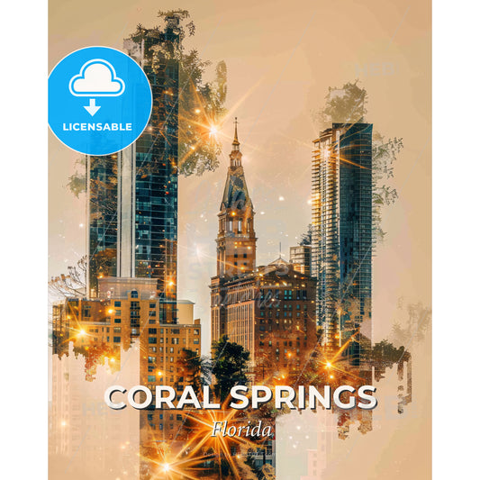 Coral Springs: Iconic Skyline Symphony of Art - A city skyline with many tall buildings - Square format print template