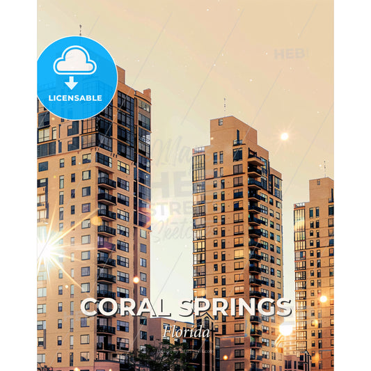 Coral Springs Cityscape Silhouette Poster - A group of tall buildings with sun shining through them - Square format print template
