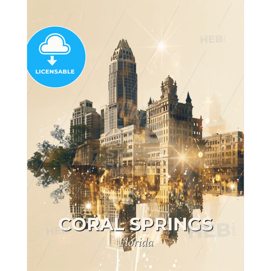 Coral Springs Skyline Architecture Wonders - A city skyline with many buildings reflected in water - Square format print template