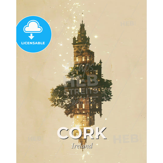 Cork Ireland Skyline Double Exposure Art - A building with a tree in the middle - Square format print template