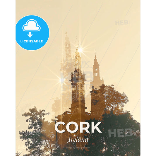 Cork Silhouette Skyline Composite Art Poster - A building with trees and sun rays - Square format print template