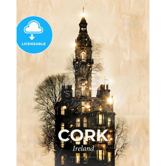 Cork: Double Exposure Skyline Composite Poster - A building with a clock tower and trees - Square format print template