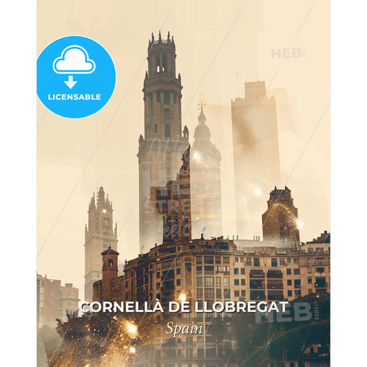 Cornellà de Llobregat City Skyline Composite Art Print - A city with tall buildings - Square format print template