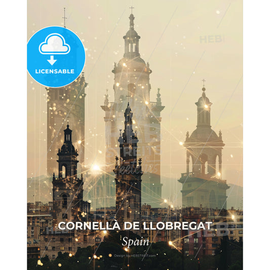 Cornellà Skyline Pastel Composite Art Poster - A city skyline with many towers and lights - Square format print template