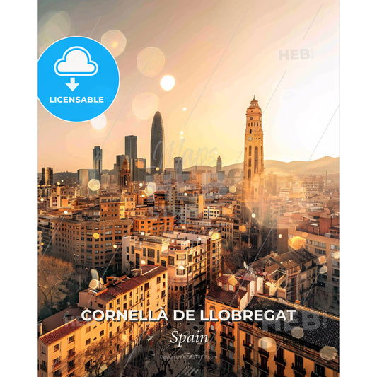 Cornellà de Llobregat Skyline Bright Poster - A city with many buildings and a sunset - Square format print template
