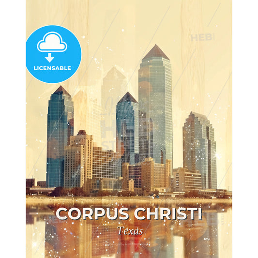 Corpus Christi Cityscape: Double Exposure Delight - A city skyline with water reflection - Square format print template