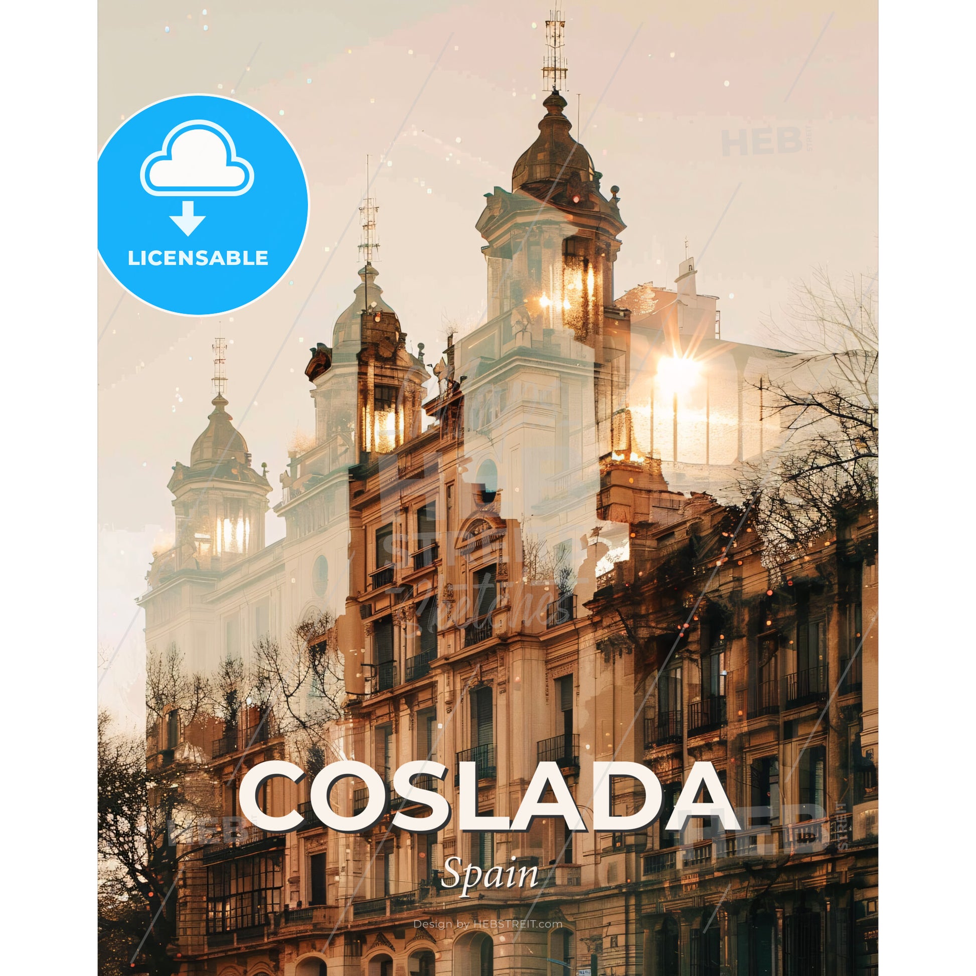 Coslada Skyline Dreamy City Lights Poster - A building with a large tower - Square format print template
