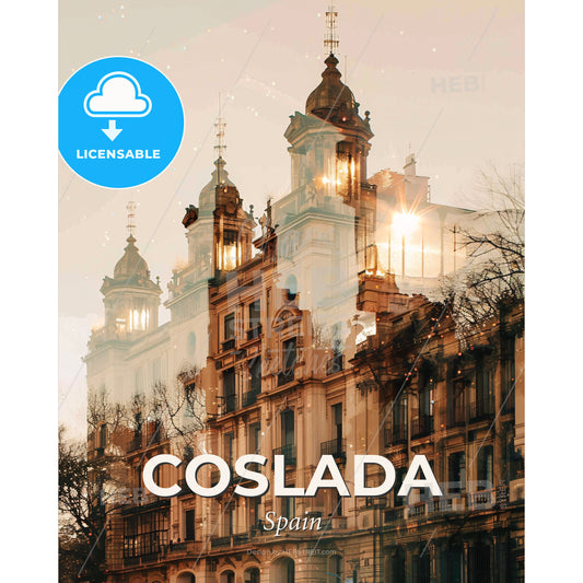 Coslada Skyline Dreamy City Lights Poster - A building with a large tower - Square format print template