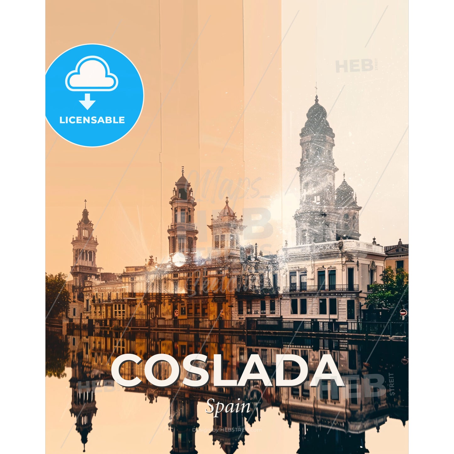 Coslada: City Skyline in Double Exposure - A city with a river and a building - Square format print template