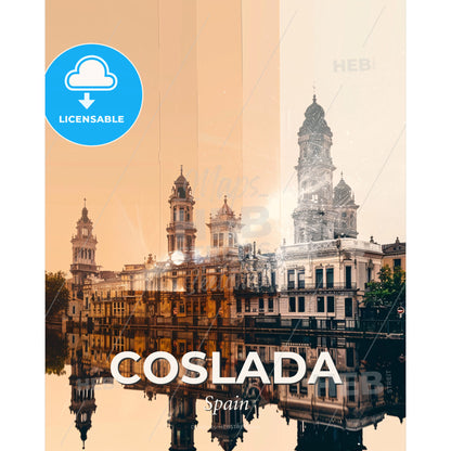 Coslada: City Skyline in Double Exposure - A city with a river and a building - Square format print template