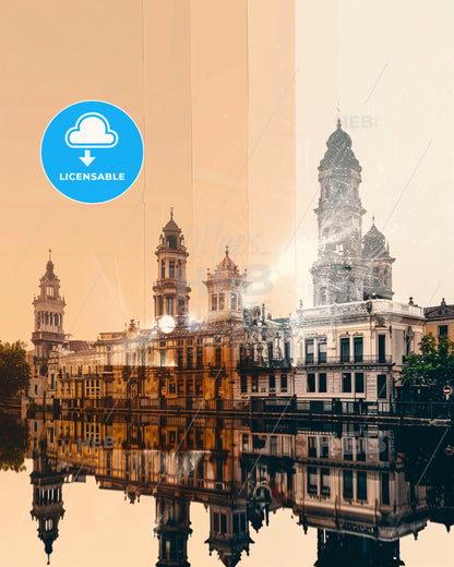 Coslada: City Skyline in Double Exposure - A city with a river and a building