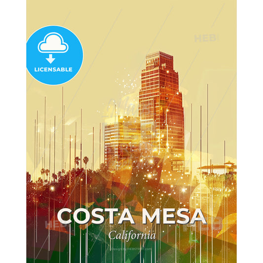 Costa Mesa: City Lights on Beige - A city skyline with many tall buildings - Square format print template