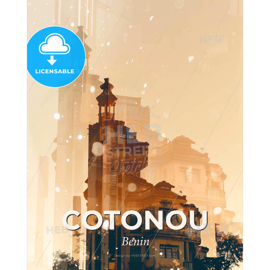 Cotonou Skyline Double Exposure Art - A building with a tower and a bell tower - Square format print template