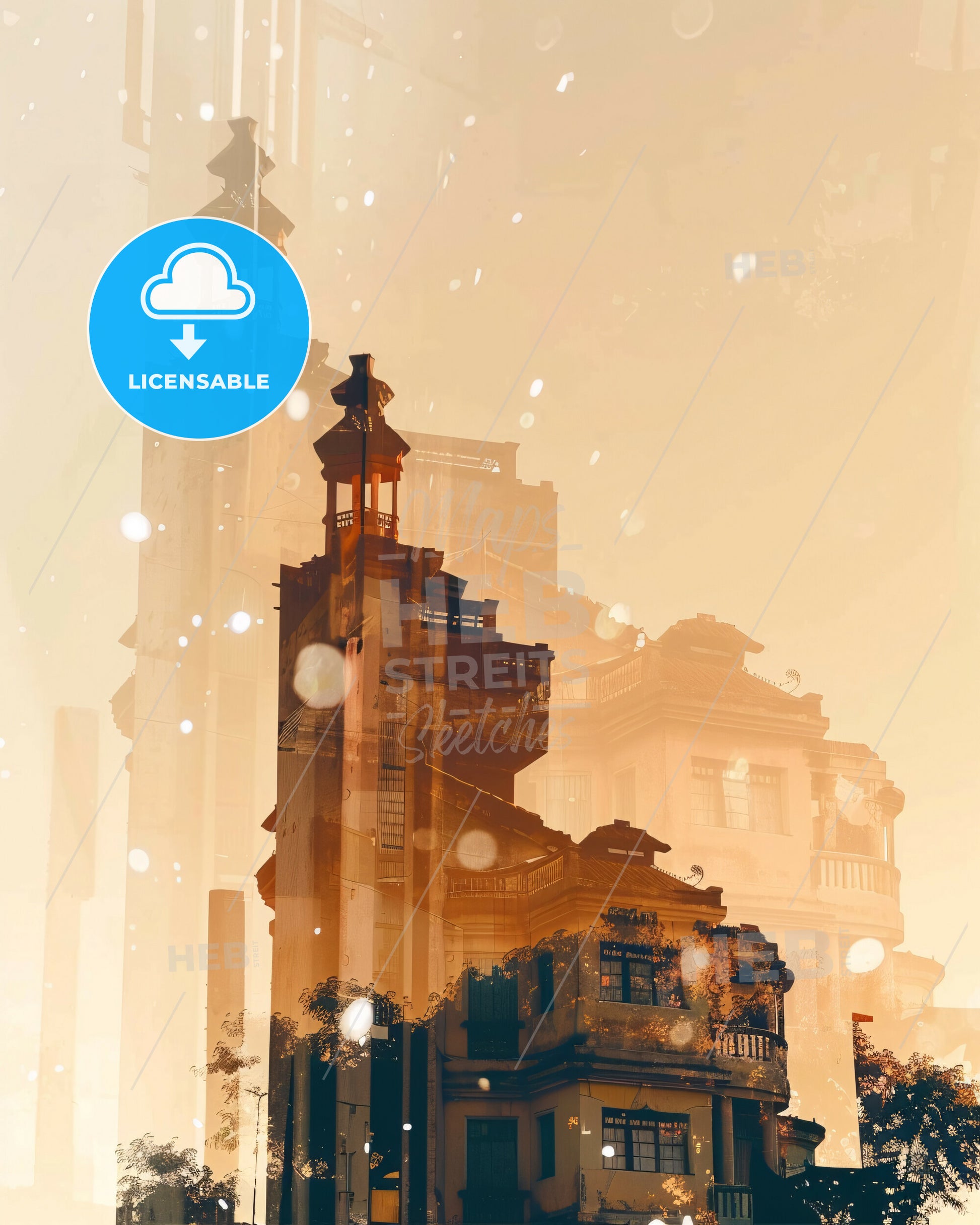 Cotonou Skyline Double Exposure Art - A building with a tower and a bell tower