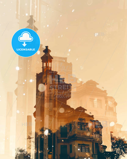 Cotonou Skyline Double Exposure Art - A building with a tower and a bell tower