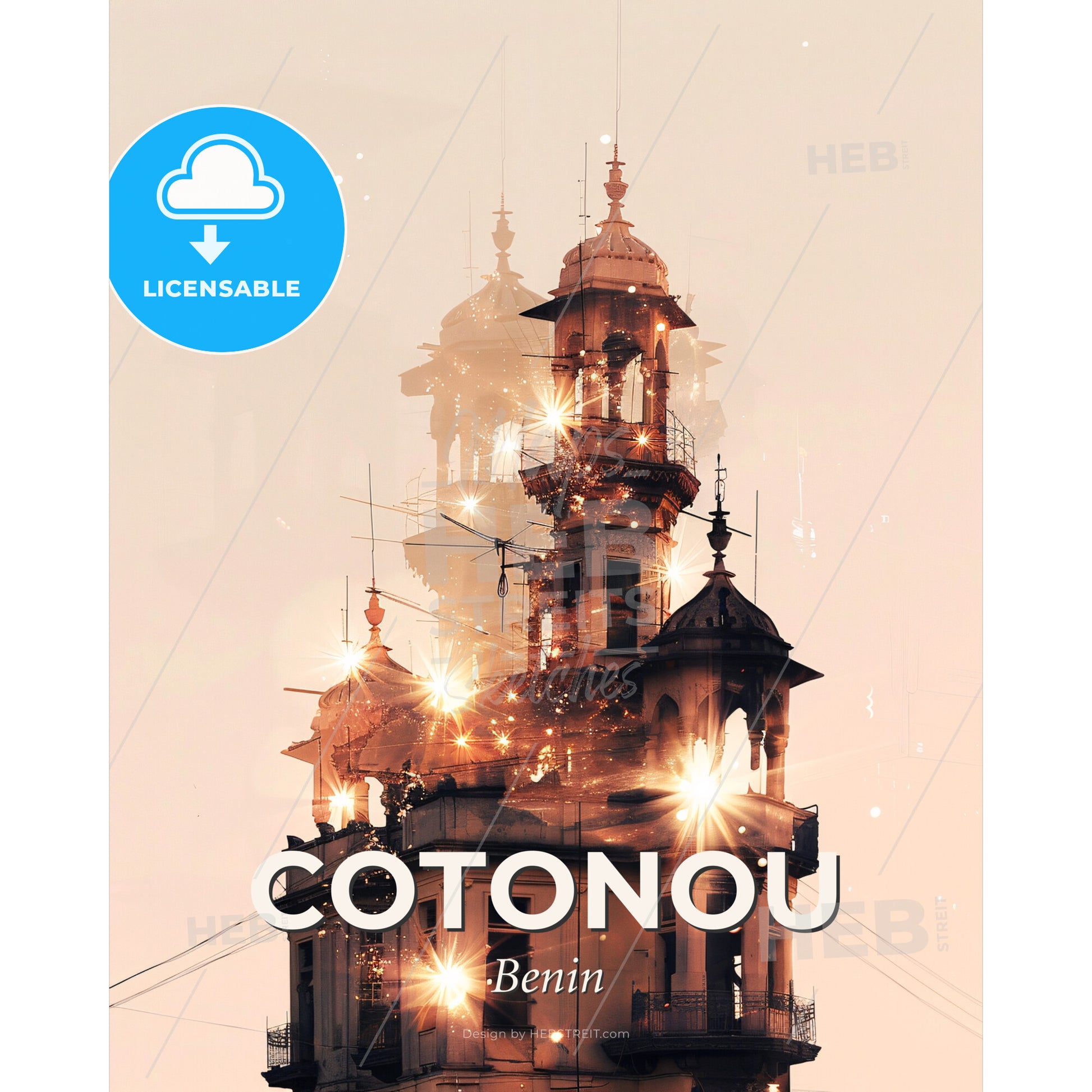 Cotonou Architectural Dream Composite Skyline Poster - A building with a tower and lights - Square format print template
