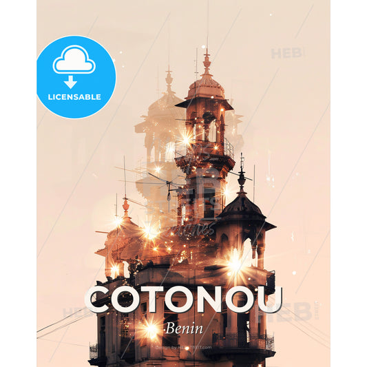 Cotonou Architectural Dream Composite Skyline Poster - A building with a tower and lights - Square format print template
